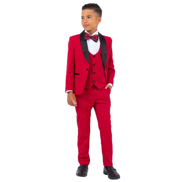 Solid Red Shawl Lapel 5 Piece Stacy Adams Boy's Tuxedo - Picture 1 of 6